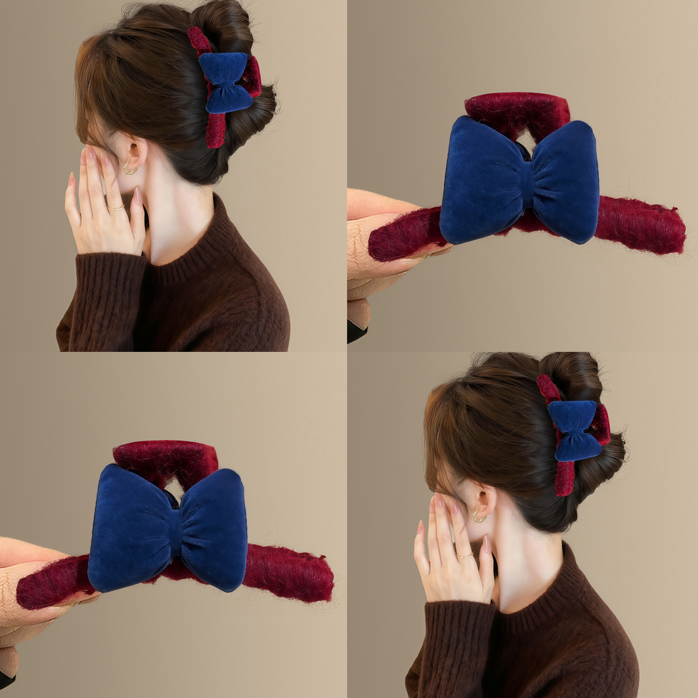 法甜展馆~红蓝撞色蝴蝶结抓夹设计感气质秋冬毛线鲨鱼夹旅行发饰