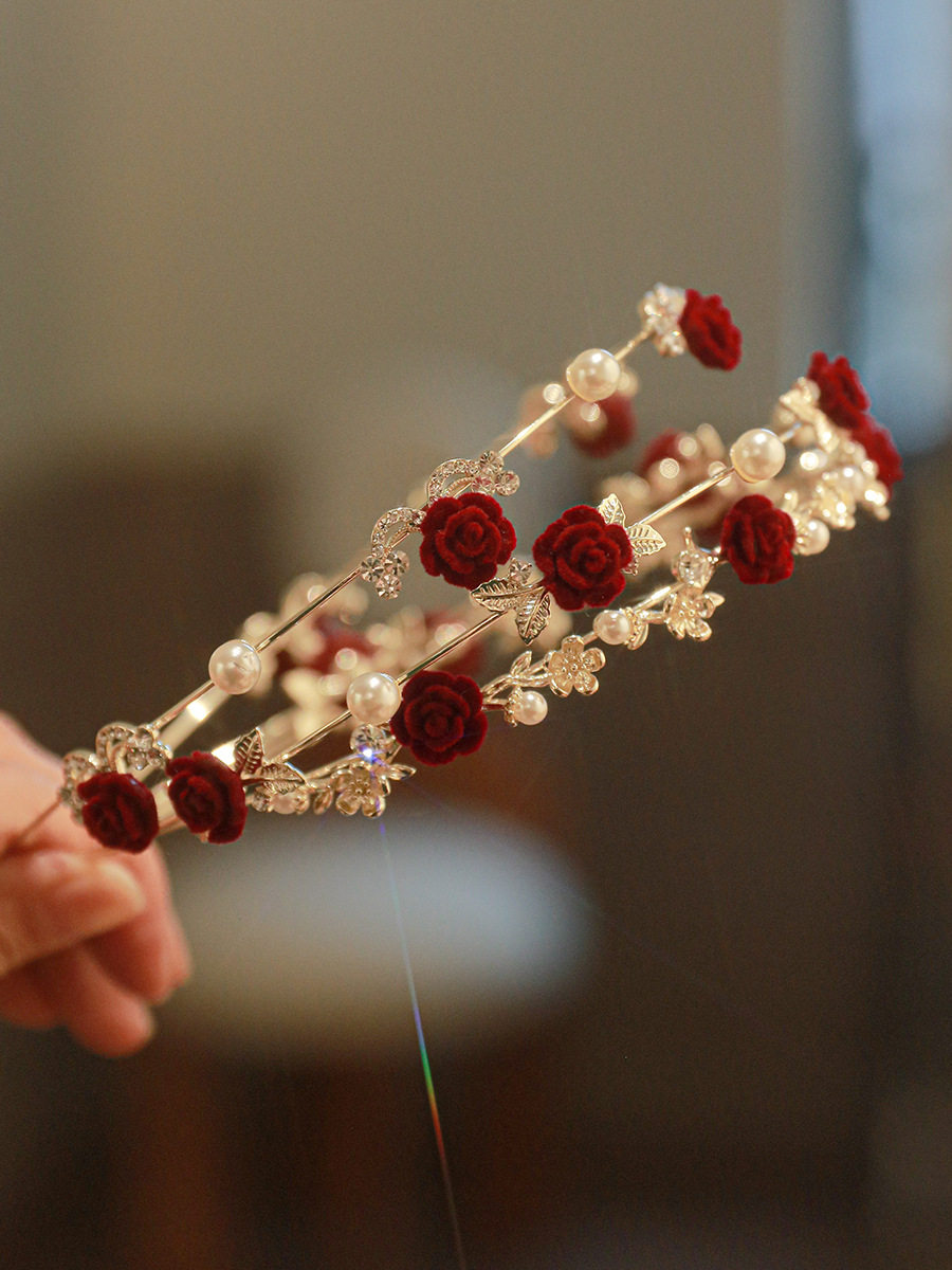 轻奢玫瑰压发发箍网红女森系仙美珍珠花朵细头箍古风旗袍新娘头饰