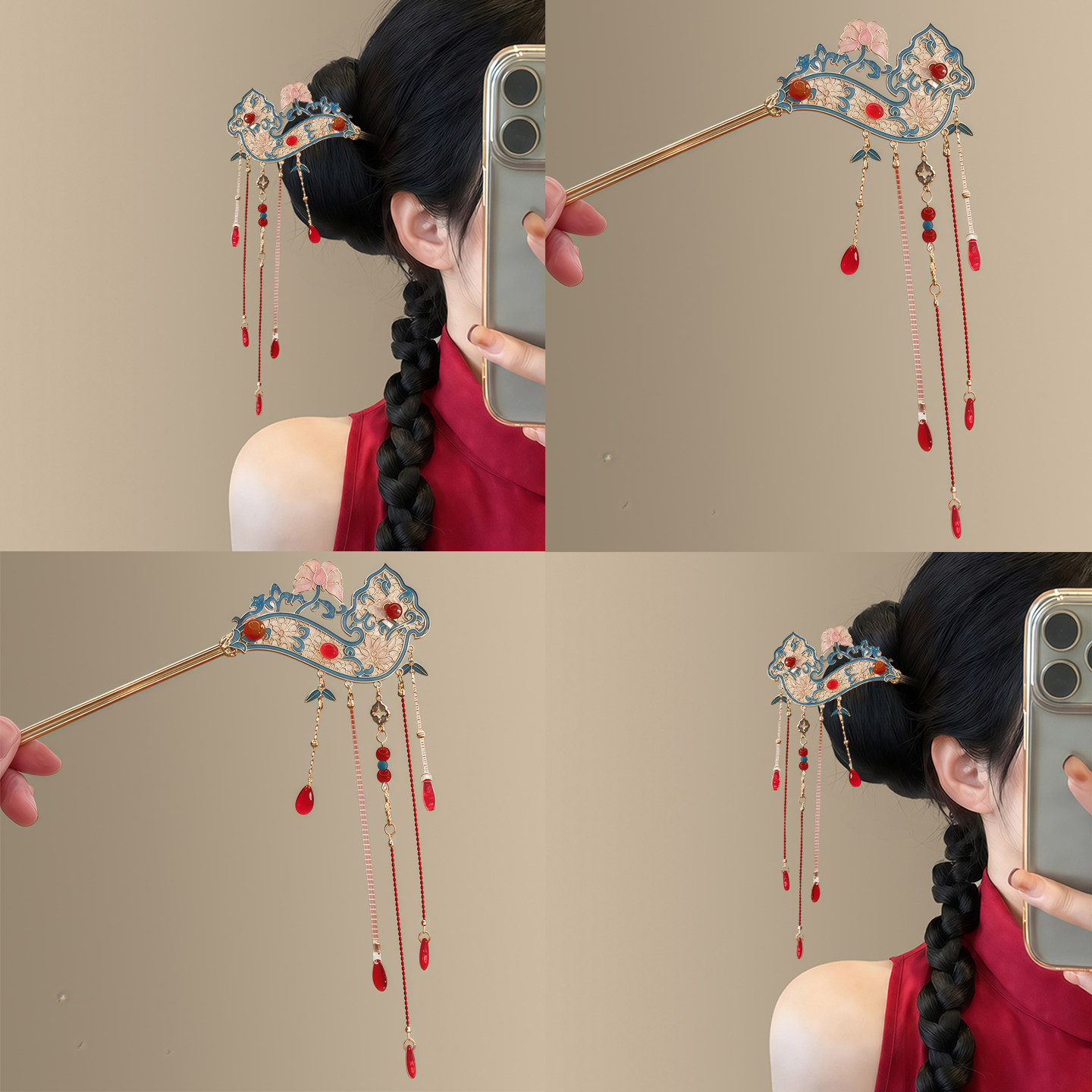 新中式烧蓝花朵流苏发簪女!