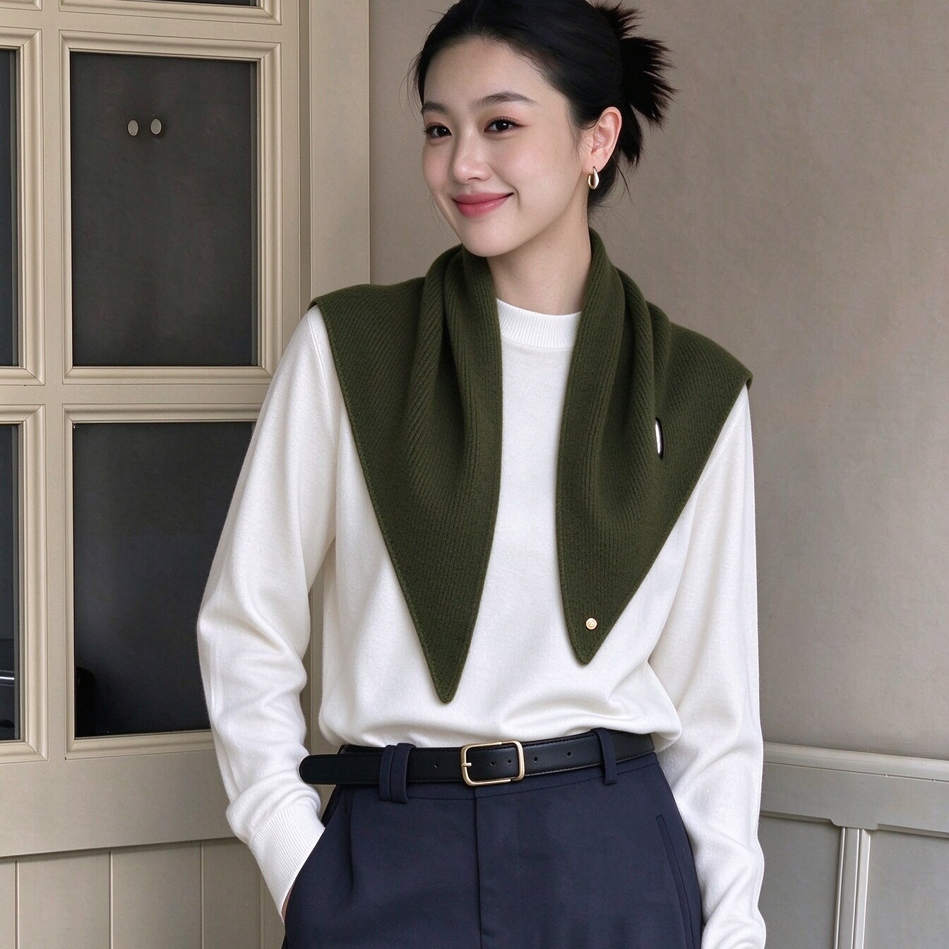秋冬高级感苔藓绿针织披肩女搭配