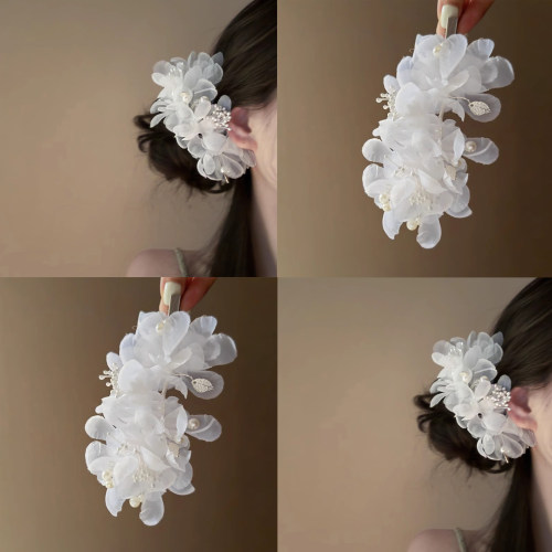 纯白茉莉！超仙绢纱花朵珍珠发夹