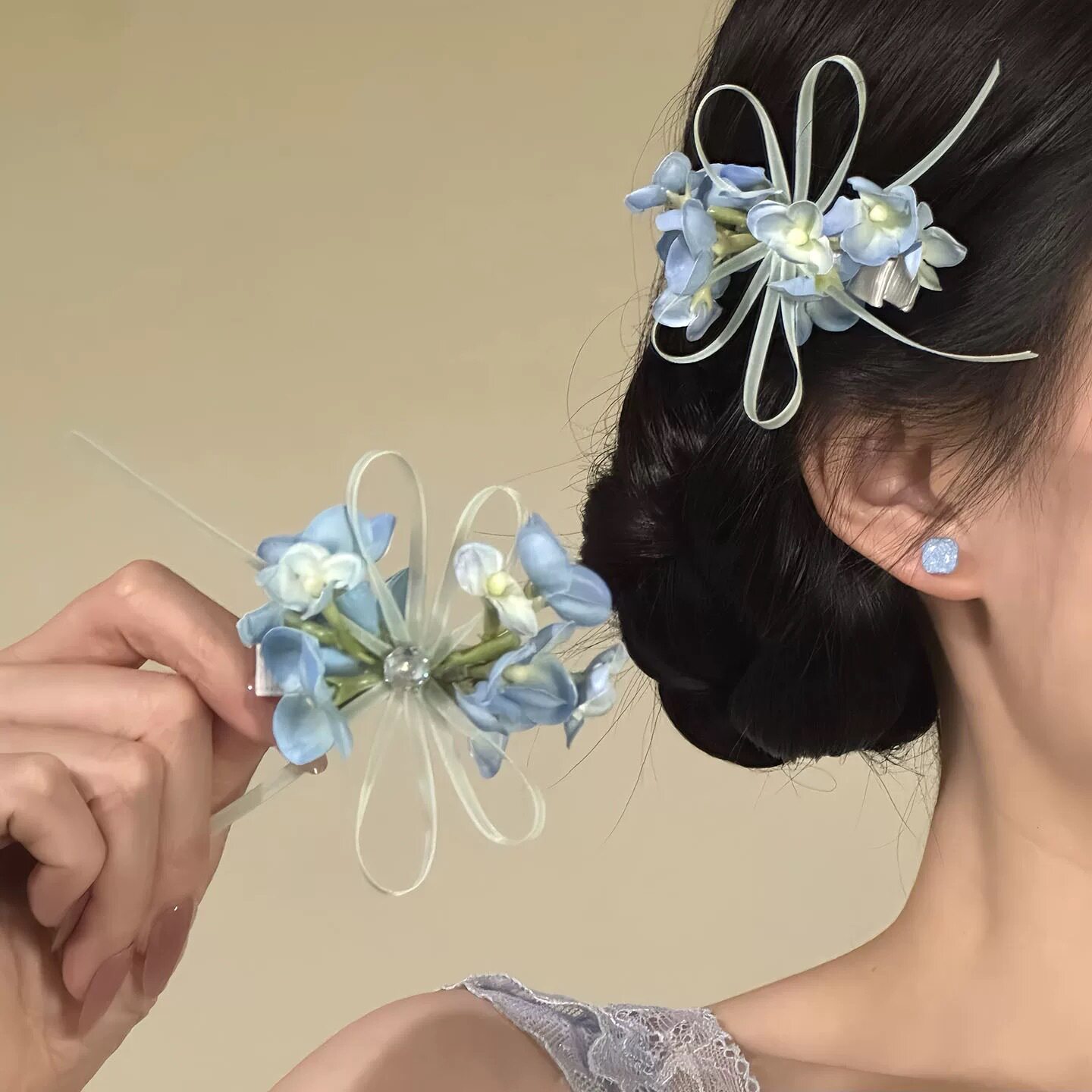 2026新款甜美蓝色花朵发夹女!