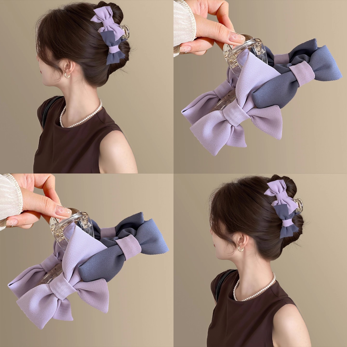 高级感灰紫色气质布艺蝴蝶结抓夹