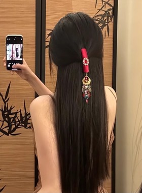 「红鸾天禧」新中式红色流苏发夹女国风民族风半扎发发饰边夹侧边