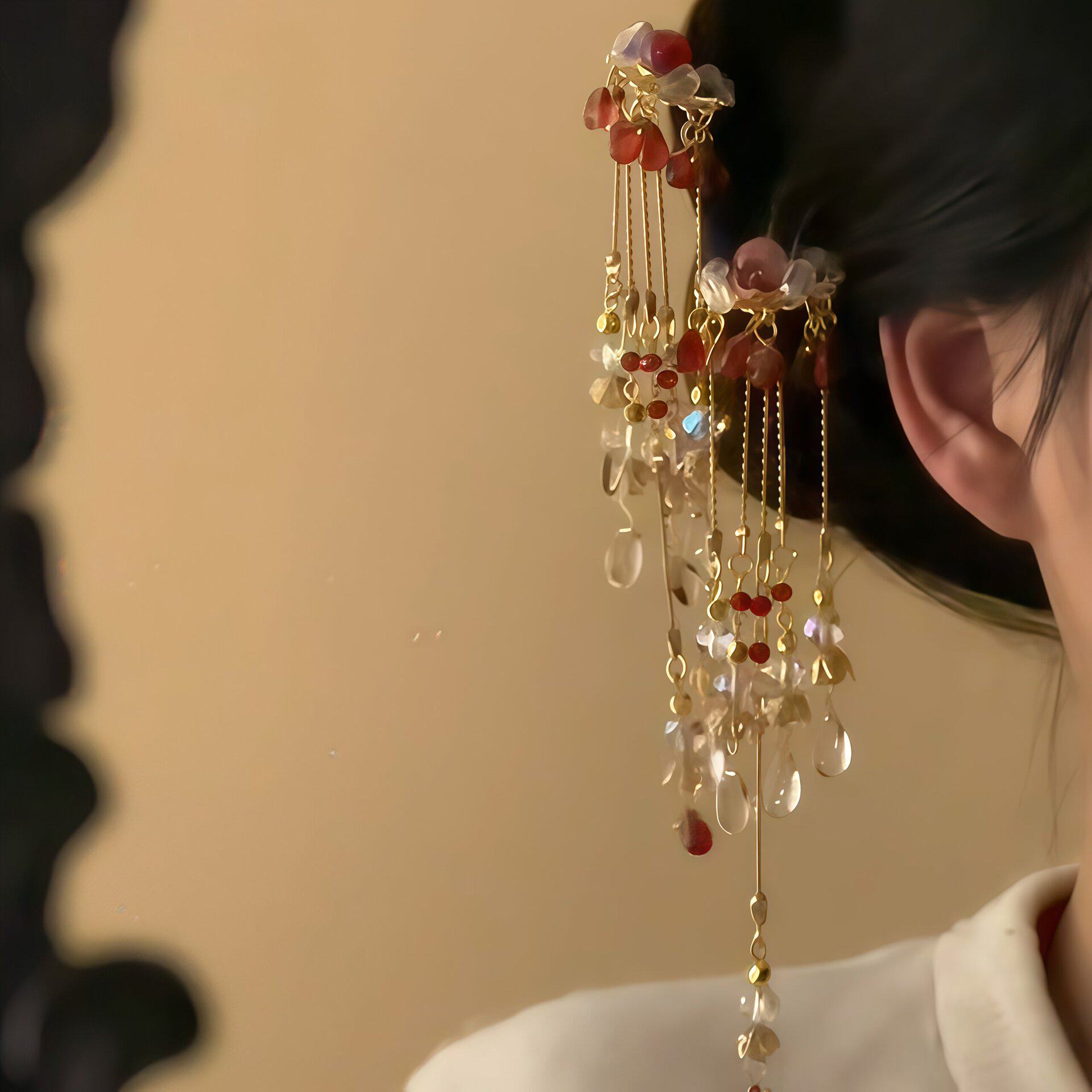新中式红色水滴流苏发簪女!