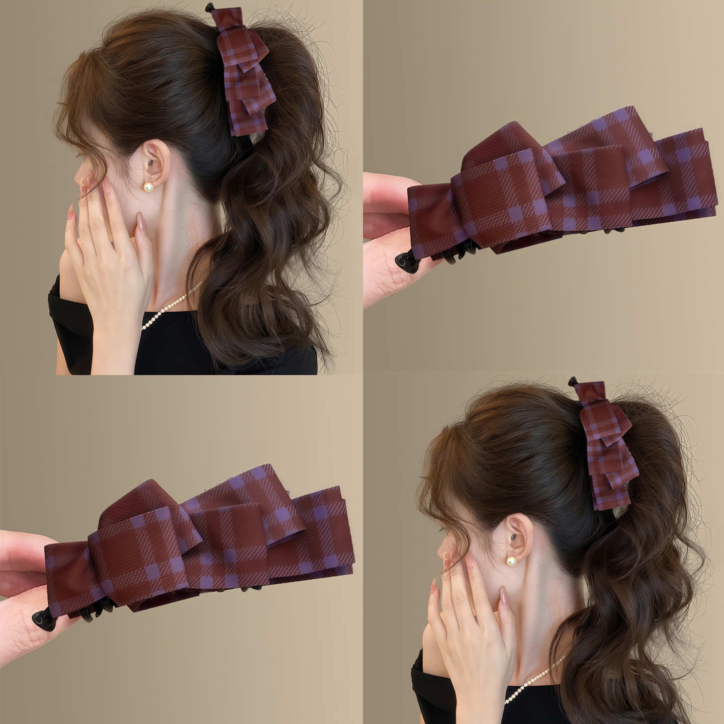 浪漫绮想韩系格纹蝴蝶结香蕉夹女