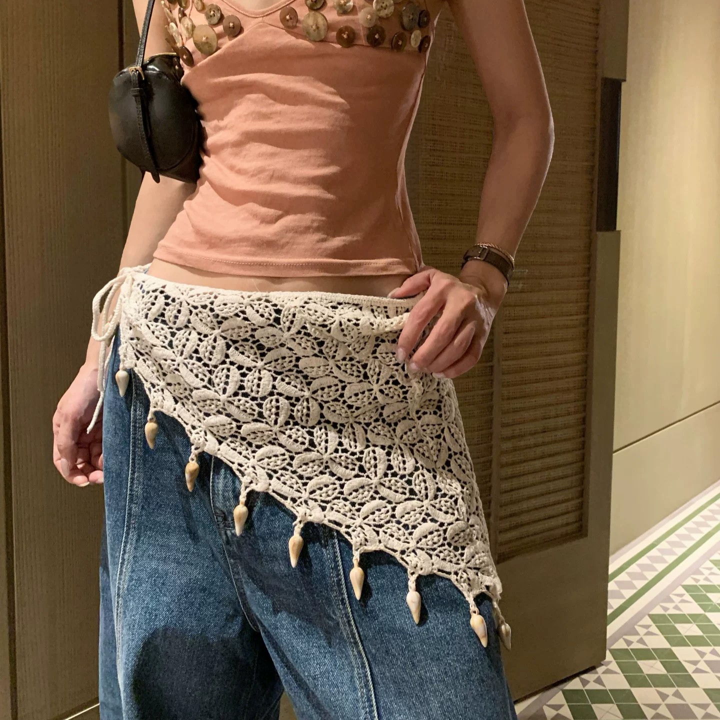 波西米亚手工钩针镂空蕾丝腰巾女