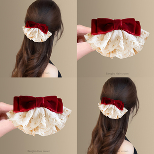 糖霜蕾丝~新年红色丝绒蝴蝶结发夹女！后脑勺宫廷风裙摆弹簧夹子