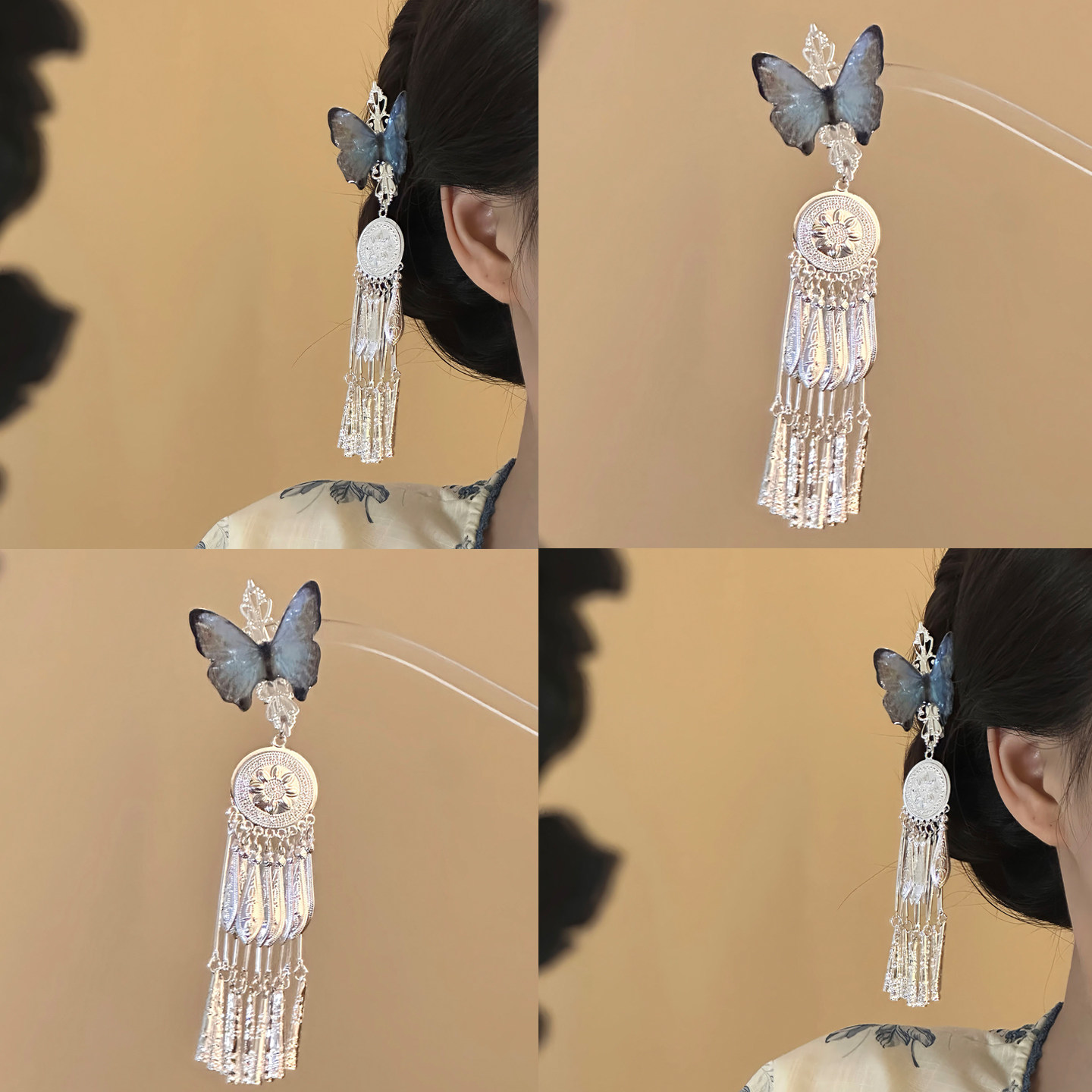 新中式蓝色蝴蝶流苏发夹女古风