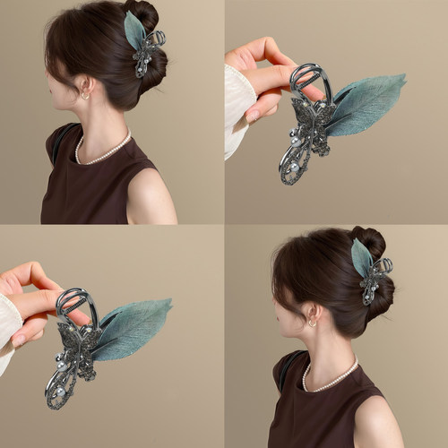 薄荷新叶珍珠水钻蝴蝶抓夹新中式