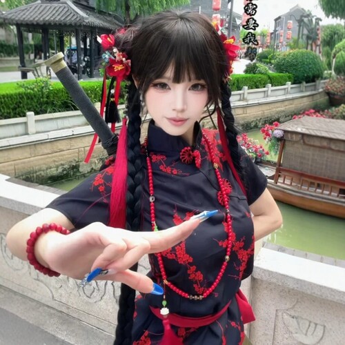 新中式红色花朵发簪女中华娘cos