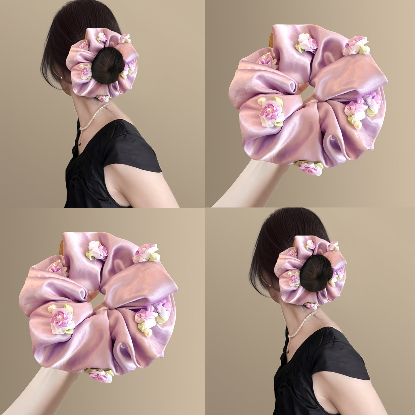 紫陌花温柔缎面珍珠缀花大肠发圈