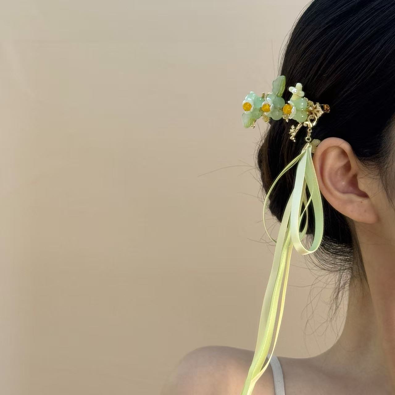 新中式绿色飘带花朵发夹女!