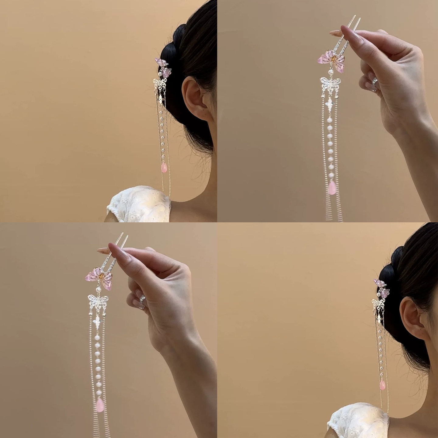 超仙粉色蝴蝶珍珠流苏u型发簪女