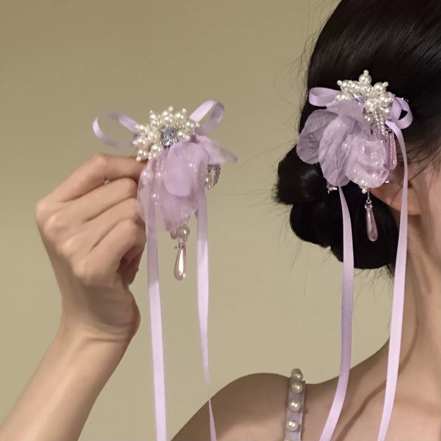 甜美紫色蝴蝶结花朵发夹女！