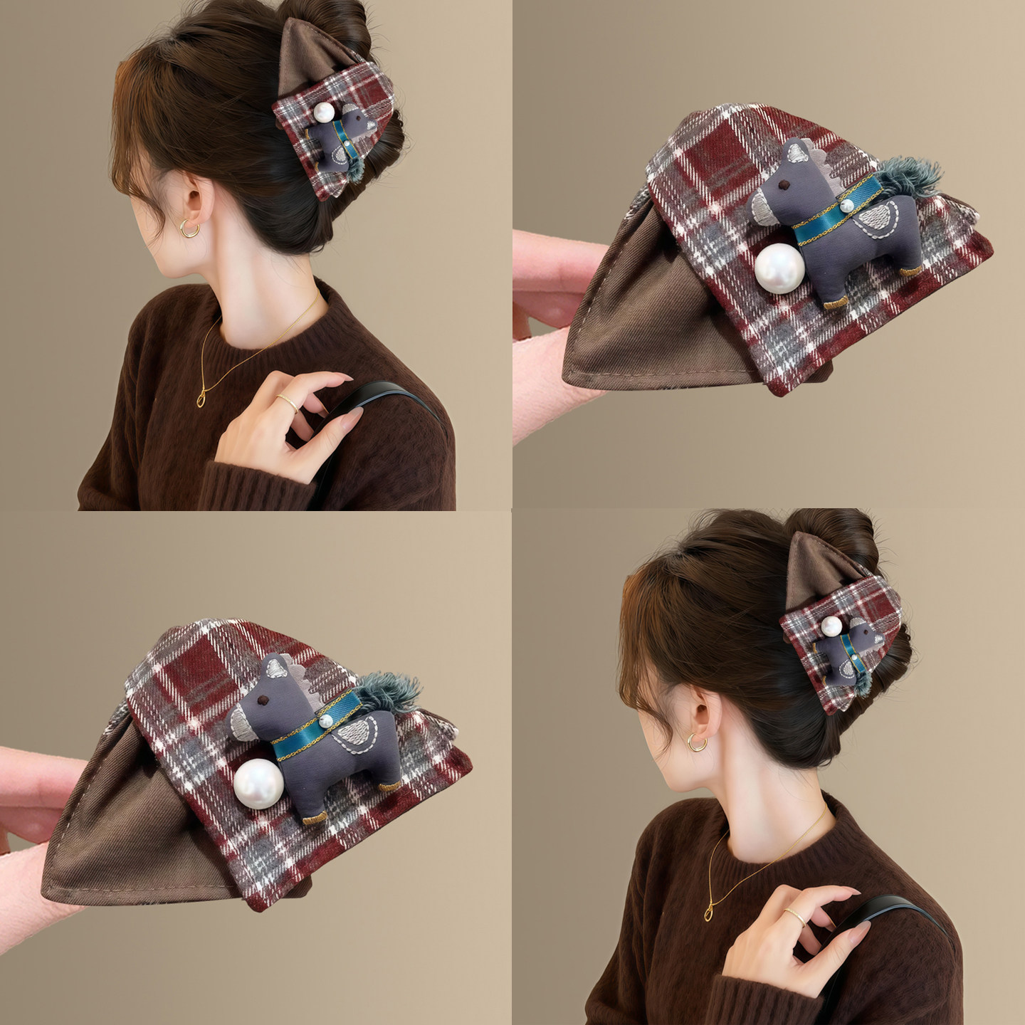 马上暴富~可爱格纹小马珍珠抓夹女！2026新高端后脑勺鲨鱼夹发饰,饰品/流行首饰/时尚饰品新,发饰,淘宝优惠券,粉丝福利购,淘宝优惠卷