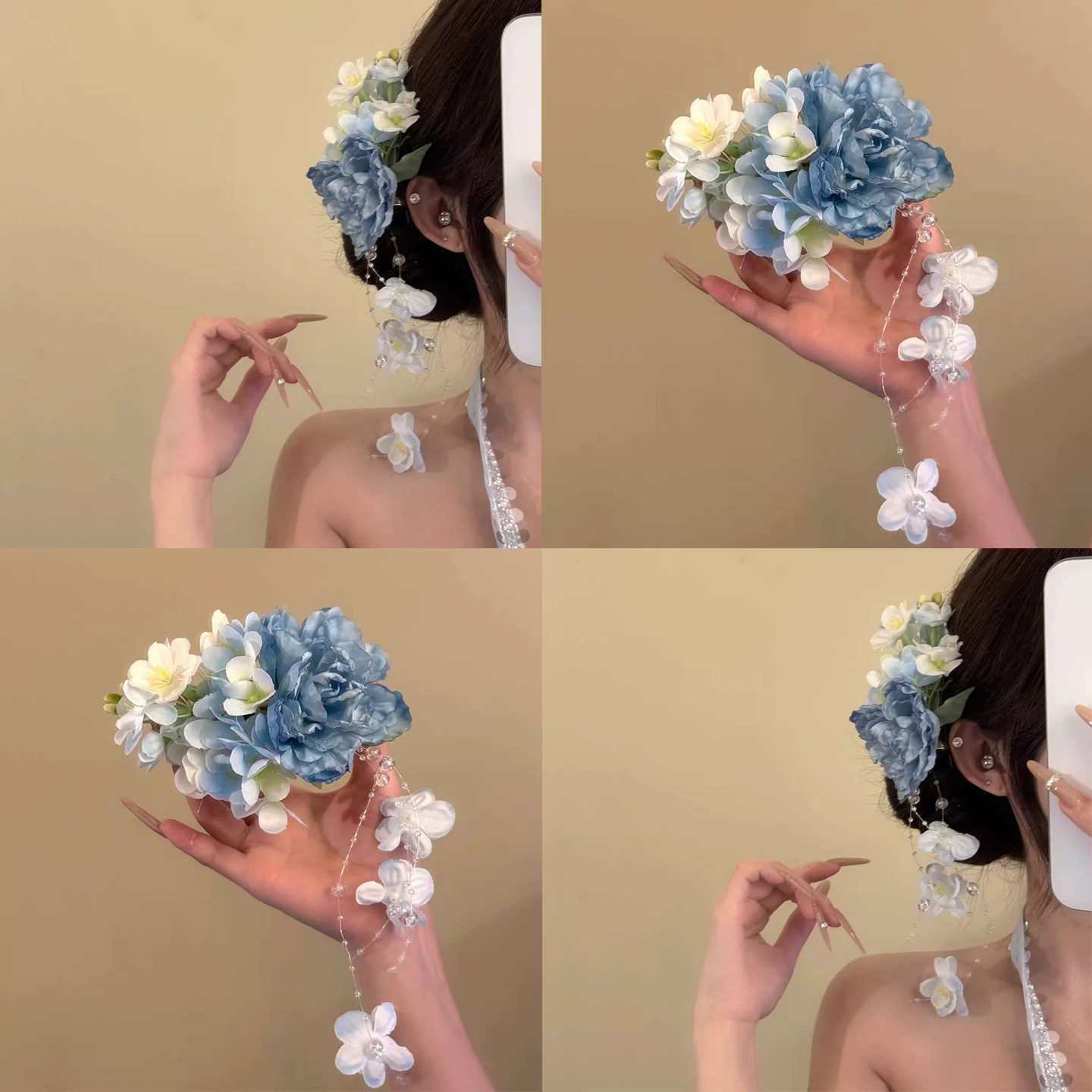 浅蓝垂棠氛围感蓝色花朵流苏发夹