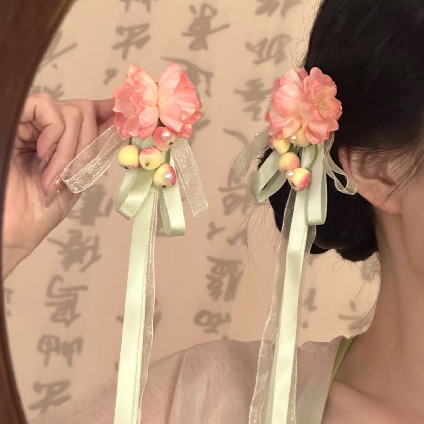 新中式国风飘带花朵发夹女新款