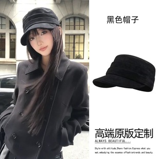 黑色麂皮绒平顶马术帽女款显脸小贝雷帽秋冬季韩系黑色帽子前进帽