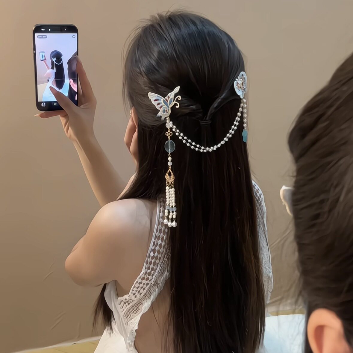 新中式蓝白珐琅蝴蝶珍珠链条发夹
