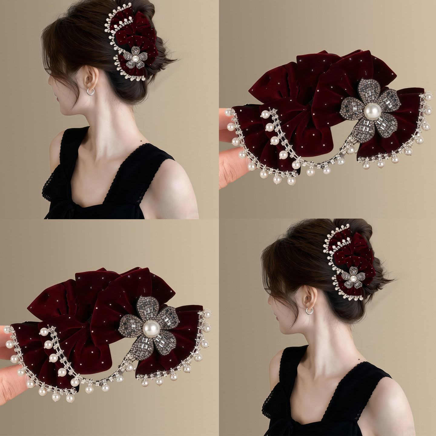 秋冬丝绒新款满钻珠珠抓夹女百搭