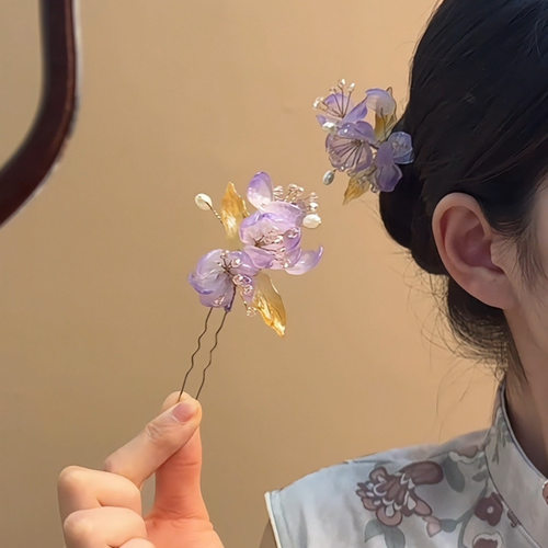 新中式琉璃紫色流光花朵发簪女