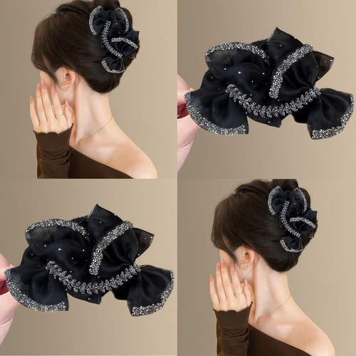 赫本风网纱蝴蝶结麦穗水钻抓夹女