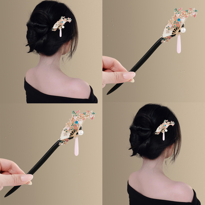 中国风珍珠扇形流苏发簪女！