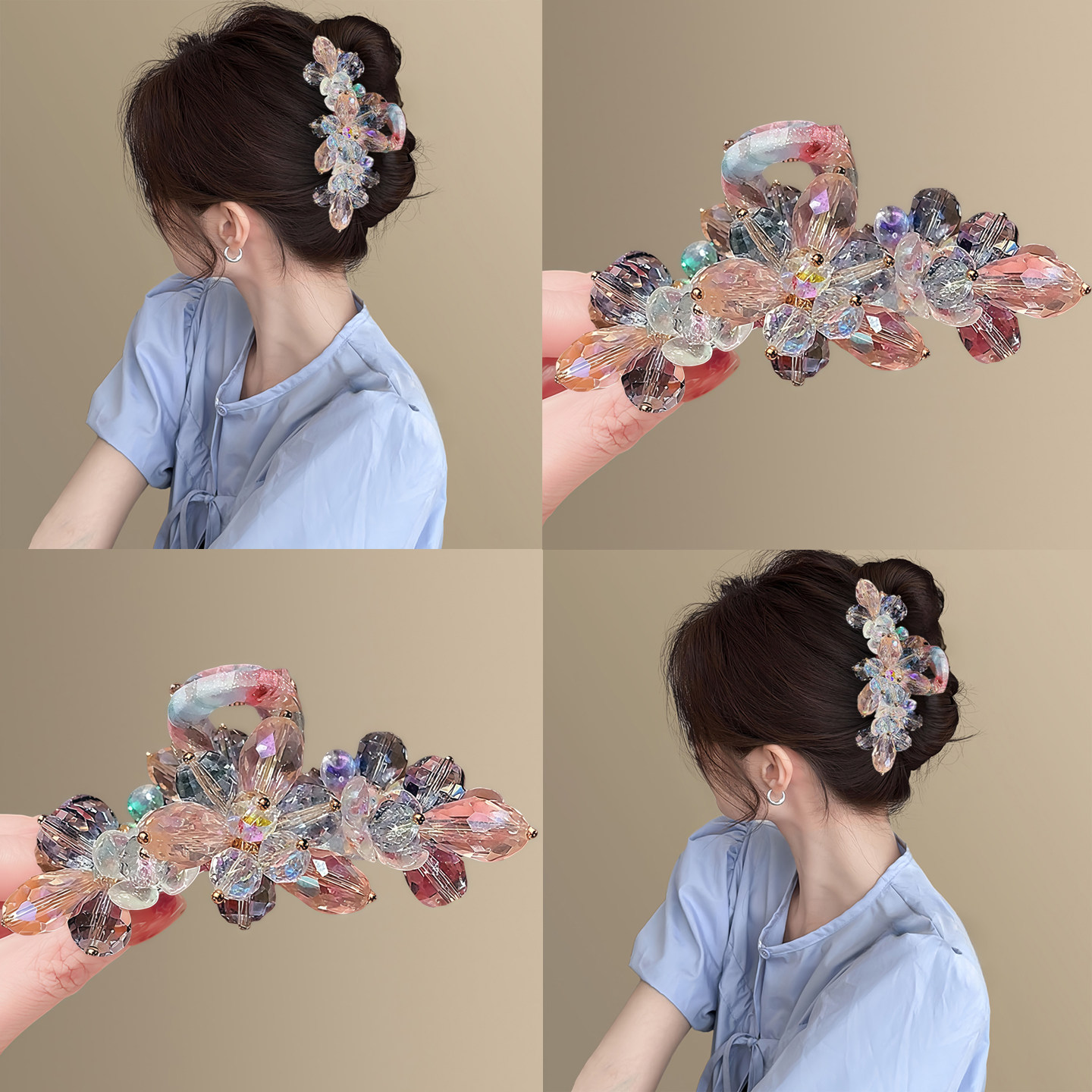 晶彩流光~精致幻彩水晶花朵抓夹女！高级感后脑勺鲨鱼夹盘发器