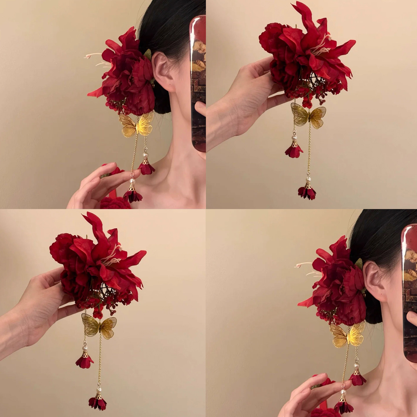 「禾棠映月」新中式红色蝴蝶流苏发夹女！古风旗袍新年侧边夹头巾,运动包/户外包/配件,头巾/遮耳,淘宝优惠券,粉丝福利购,淘宝优惠卷