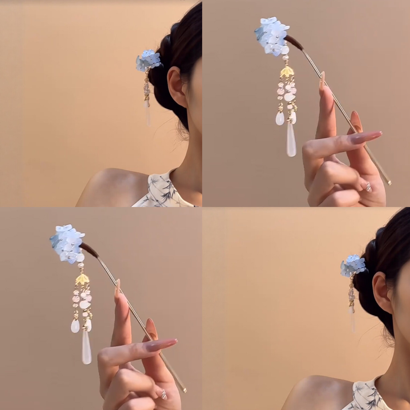 新中式浅蓝色绣球花发簪女清冷感