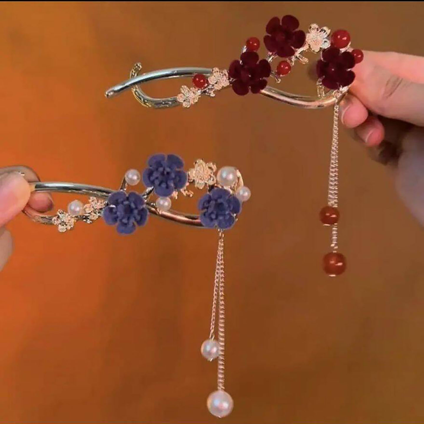 大朗辉康梅花流苏后脑勺扭扭夹古风盘发神器一字夹饱满发夹高级a1