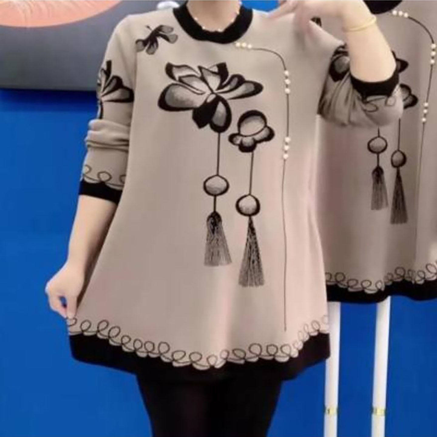 枫满袖女装中国风花开富贵妈妈装女士印花休闲针织衫春秋气质上a9