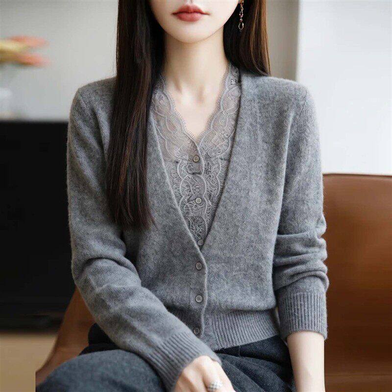 铂瑾秋季微胖mm气质蕾丝假两件针织衫女灰色花边遮肚显瘦休闲上a9