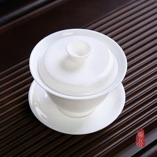 自带过滤盖碗陶瓷三才碗德化白瓷功夫茶具盖子带过滤孔 明公品牌