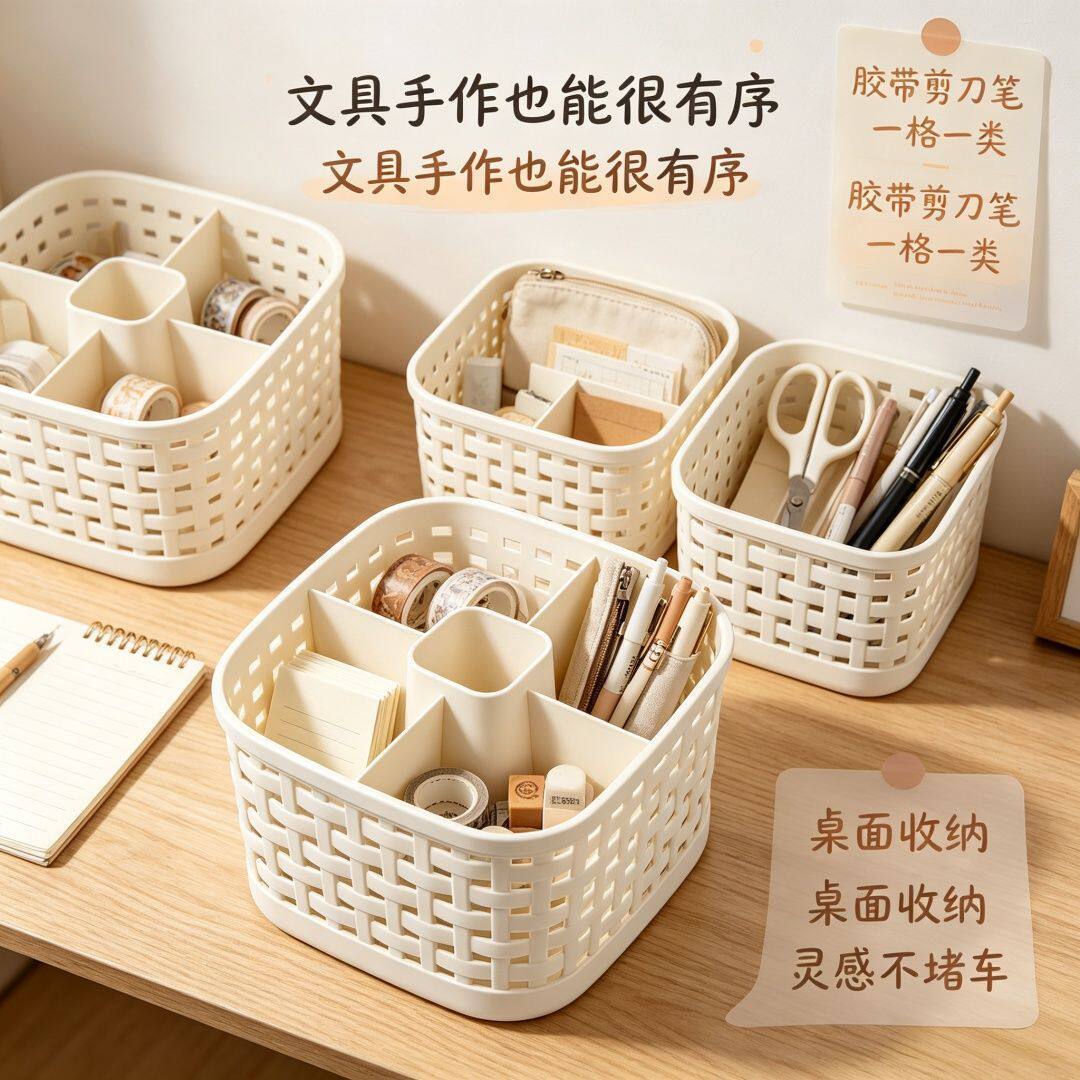 藤纹分格塑料收纳盒整理盒藤编桌面文具笔筒家用大容量化妆品
