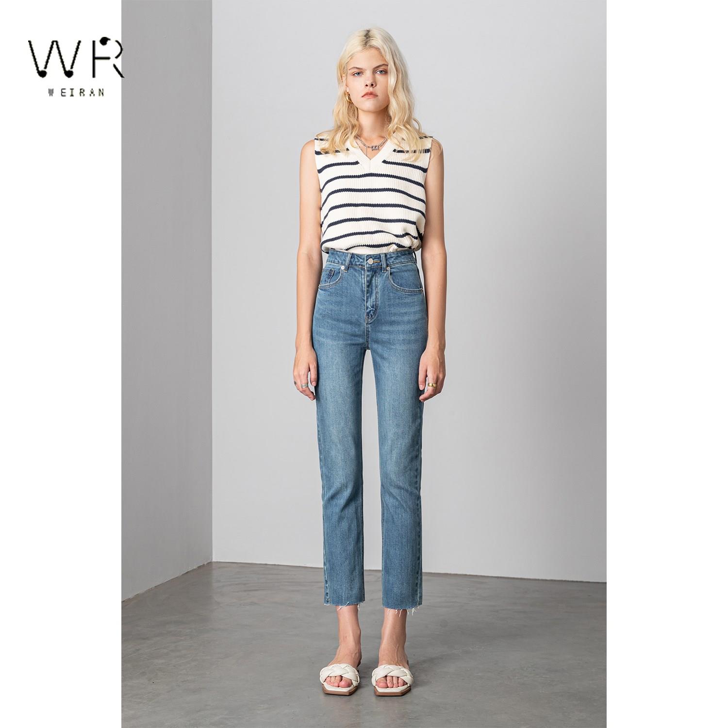 WR直筒牛仔裤女高腰修身显瘦2021春秋新款弹力毛边九分直筒烟管裤