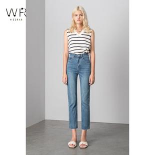 WR直筒牛仔裤女高腰修身显瘦2021春秋新款弹力毛边九分直筒烟管裤
