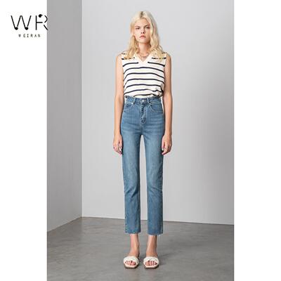 WR直筒牛仔裤女高腰修身显瘦2021春秋新款弹力毛边九分直筒烟管裤