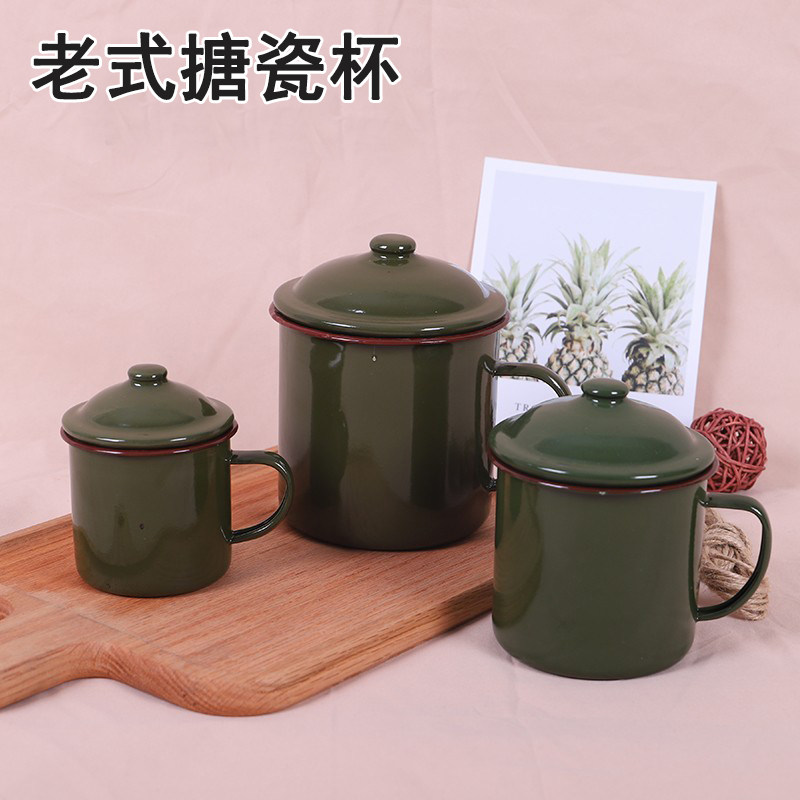 80年代怀旧搪瓷口水杯铁杯茶缸解放茶杯军绿色单耳金属铁茶缸定制