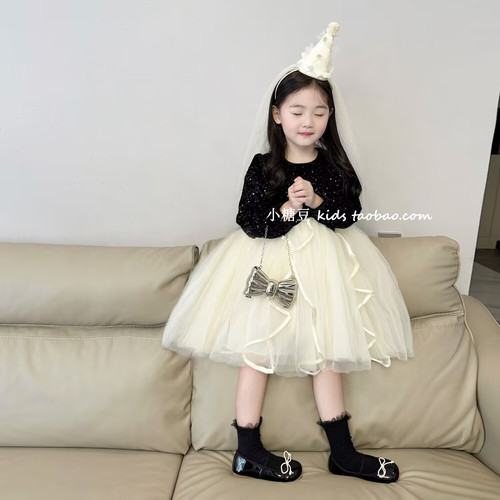 女童丝绒亮片网纱连衣裙