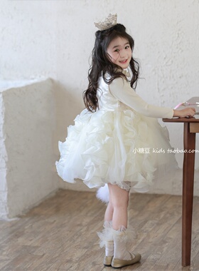 女童白色亮片网纱蛋糕裙连衣裙2025秋冬新款女孩蓬蓬公主裙背心裙