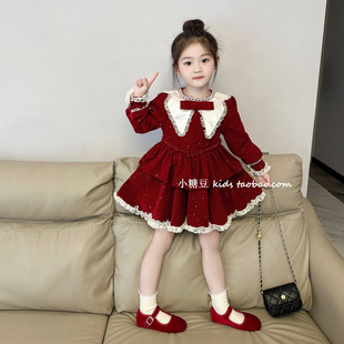 女童红色闪闪丝绒连衣裙2025秋冬新款韩版女孩加厚加绒新年公主裙