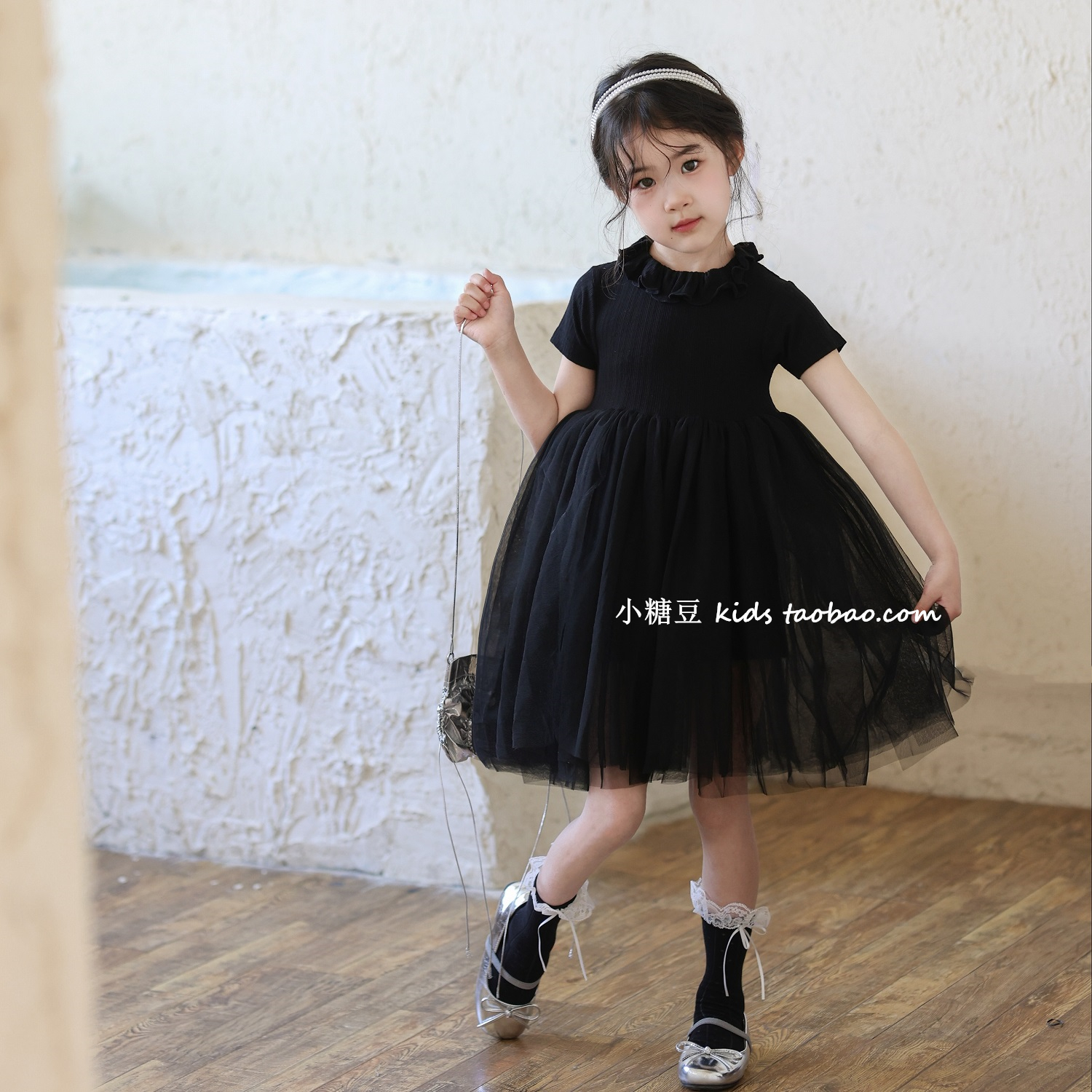 女童黑色短袖纱裙连衣裙