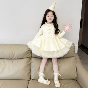 女童公主风白色tutu裙连衣裙2025冬季女孩加绒蛋糕裙礼服裙公主裙