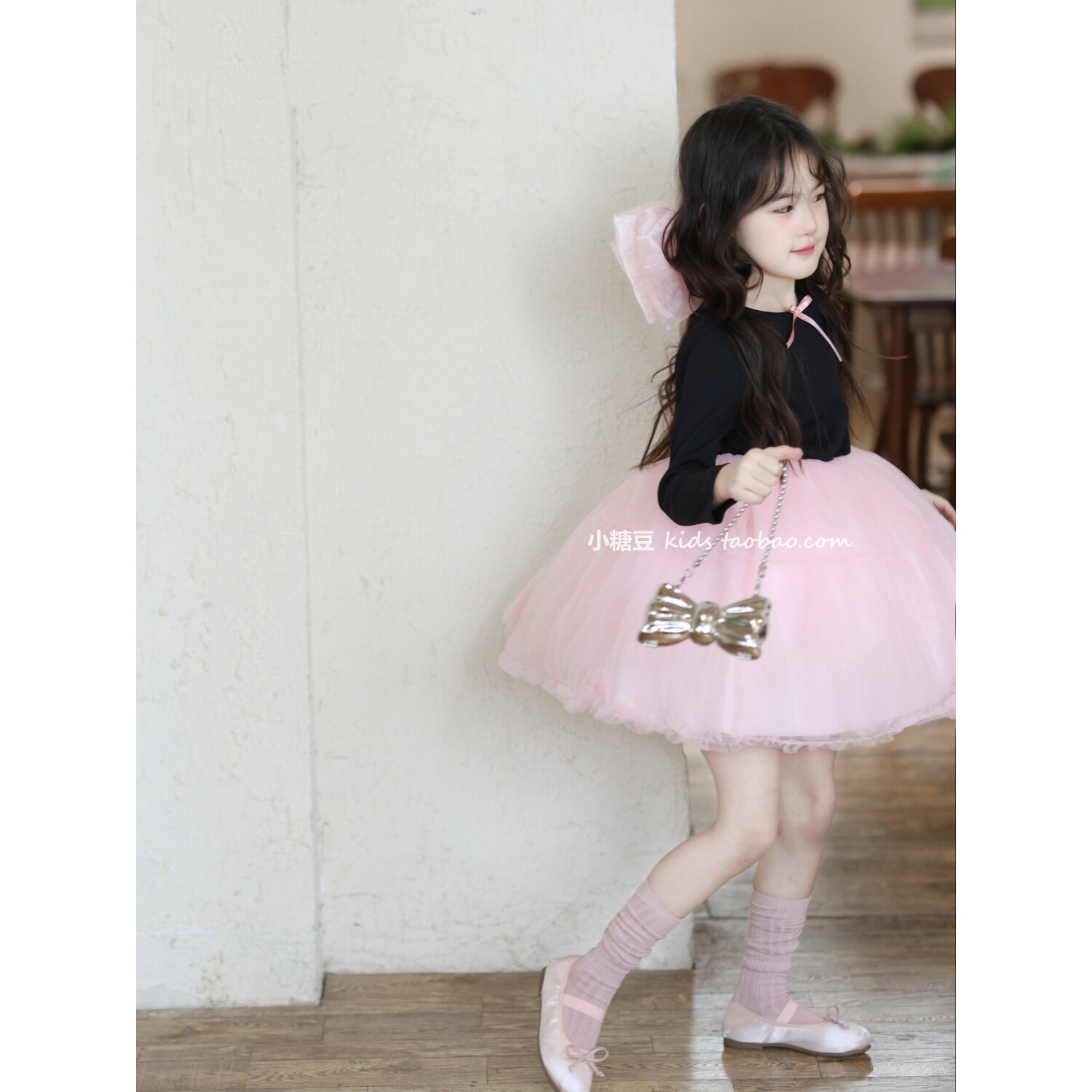 女童甜美风网纱蓬蓬连衣裙2026春季新款女孩粉色蝴蝶结公主裙礼服