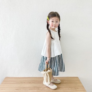 夏季 定制女童白色背心条纹裙套装 新款 2023韩版 洋气女孩棉质小清新