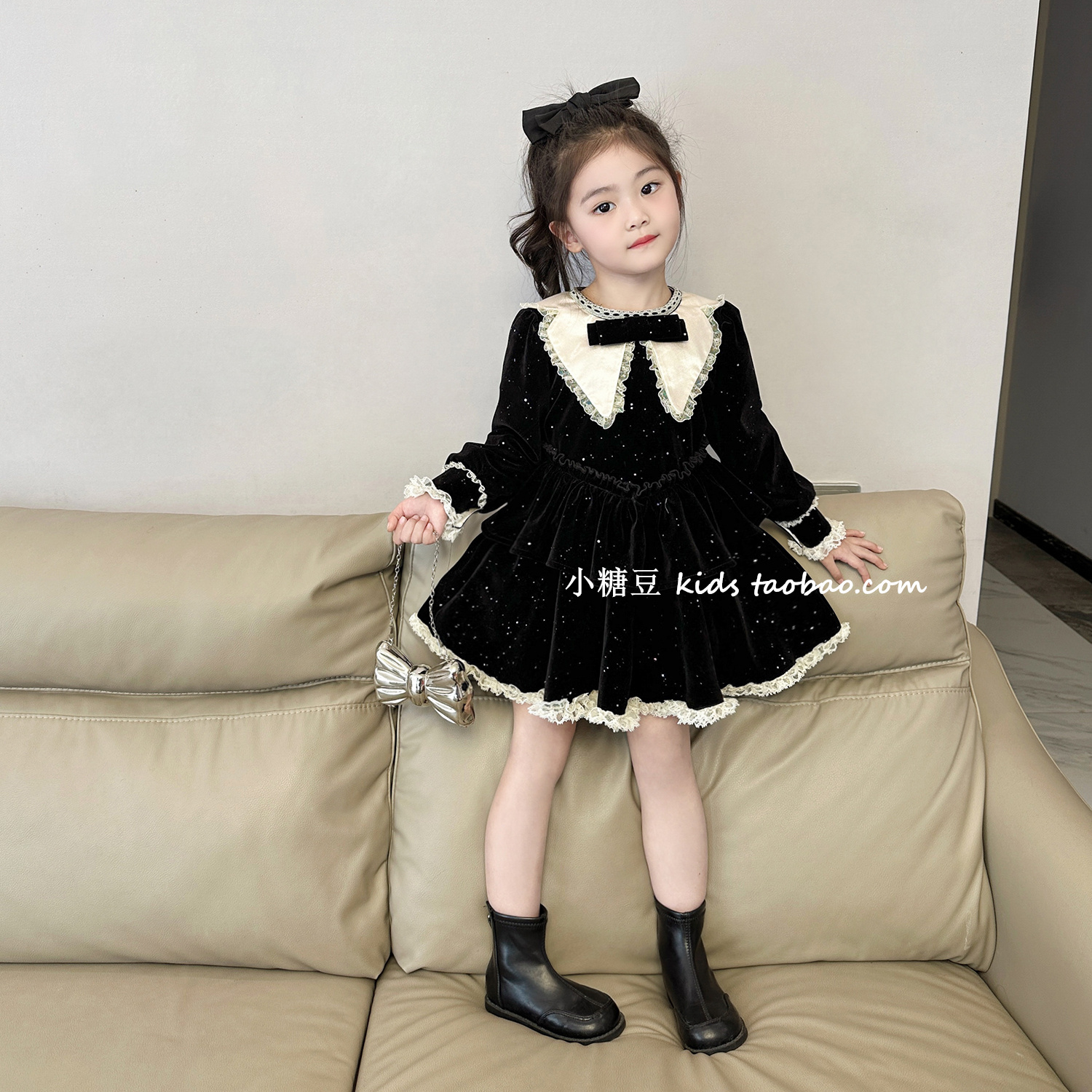 女童闪闪丝绒小黑裙连衣裙
