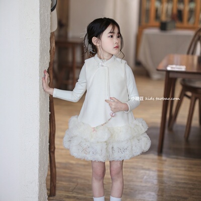 女童白色新中式旗袍蛋糕裙背心裙