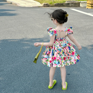 女童小飞袖碎花连衣裙2026夏季新款女孩大花朵露背吊带裙公主裙子